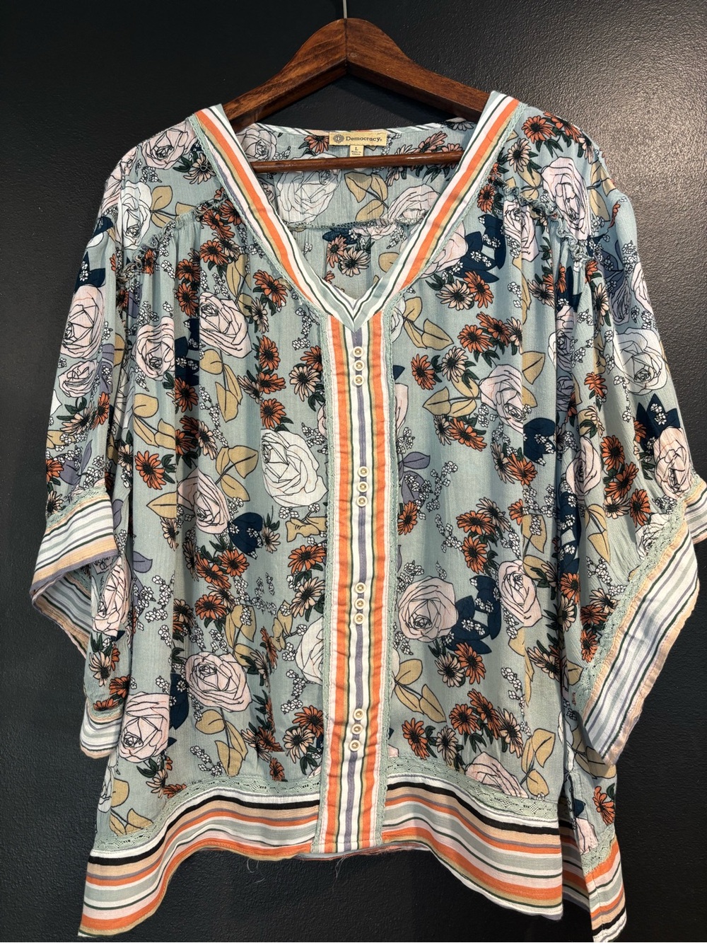 Democracy Floral V-Neck Button-Front Tunic in Sage with Pink & Tan Accents